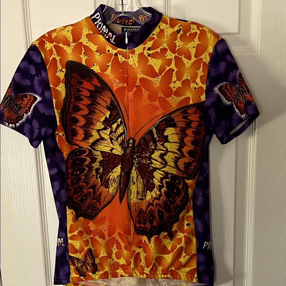 Primal vintage 90’s zipper cycling top butterflys purple orange back pockets Sm
